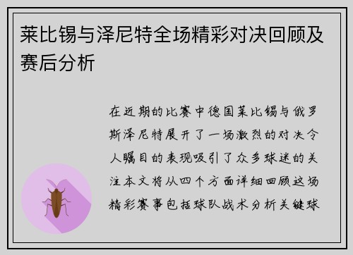 莱比锡与泽尼特全场精彩对决回顾及赛后分析